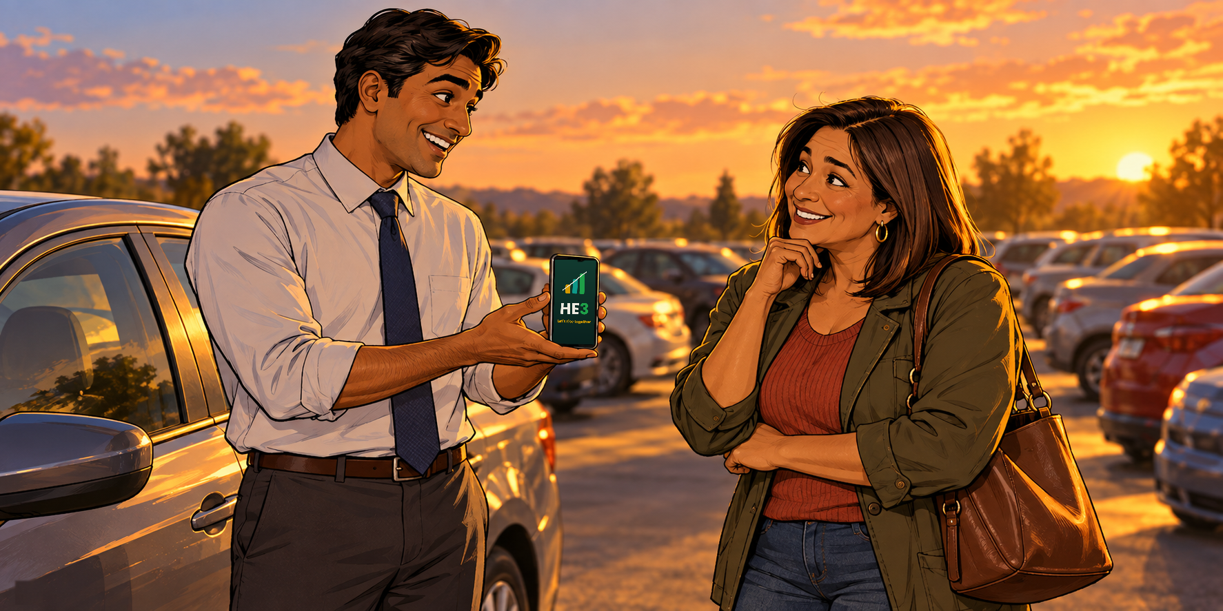 A car-lot salesman shows a customer something on his phone at sunset