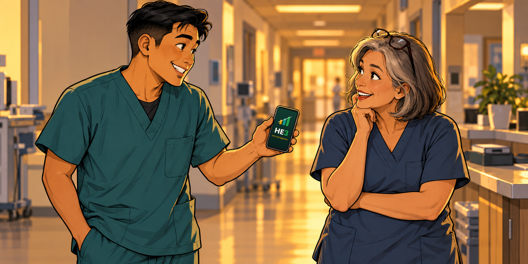 A nurse shows a colleague something on his phone in a hospital corridor