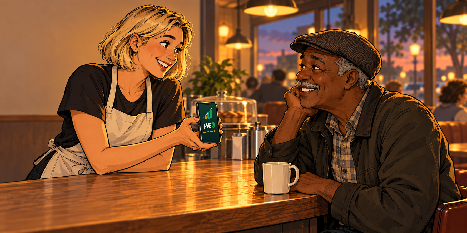 A diner server leans on the counter to show a regular something on her phone