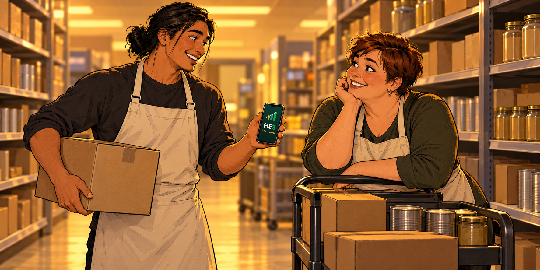 A grocery stock clerk carrying a box shows a coworker something on his phone